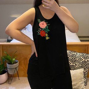 W5 Black Tank Top with Embroidered Flowers